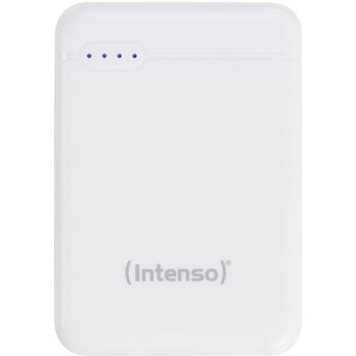 Une batterie externe blanche avec quatre voyants LED bleus et l'inscription 'Intenso' en bas.