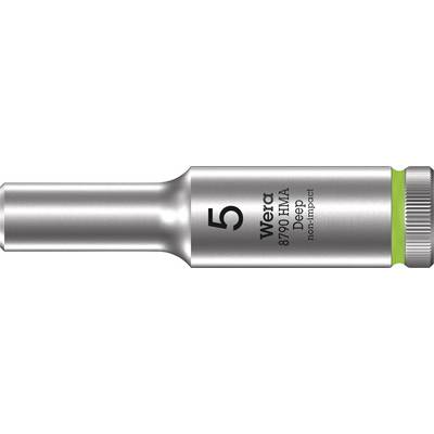 Une douille Wera Tiefnuss, taille 5, modèle 8790 HMA, adaptée aux applications non percutantes, finition argent avec anneau vert.