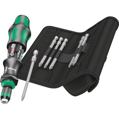Ensemble de tournevis 'Wera' avec différents embouts et porte-embouts dans une pochette noire pliable.
