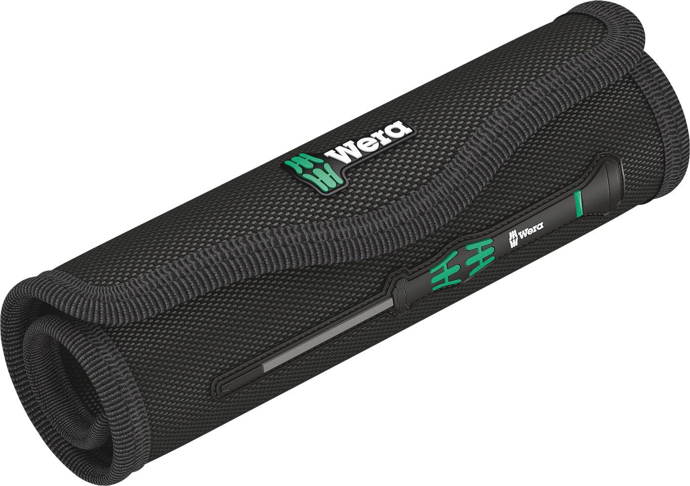 Un étui à outils noir à fermeture élastique de Wera. Contient divers outils à main, visibles à l'intérieur.