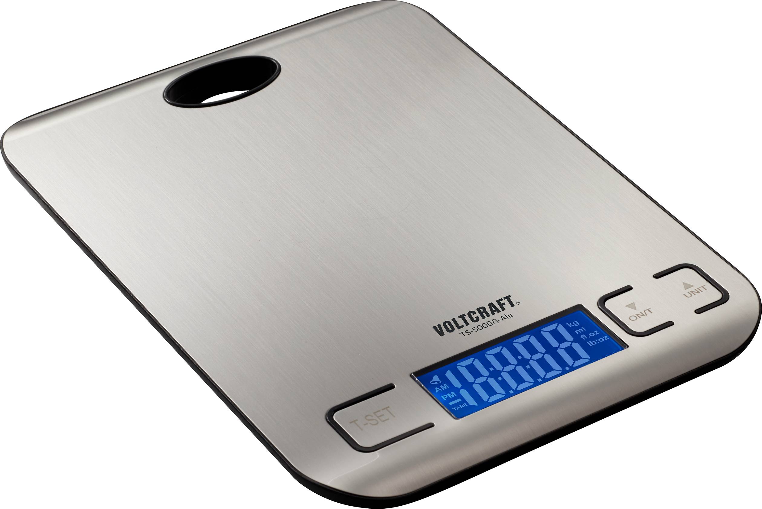 Balance de cuisine numérique en acier inoxydable avec affichage rétroéclairé en bleu, indiquant "1000 g". Dispose de touches pour la mise en marche/arrêt et la tare.