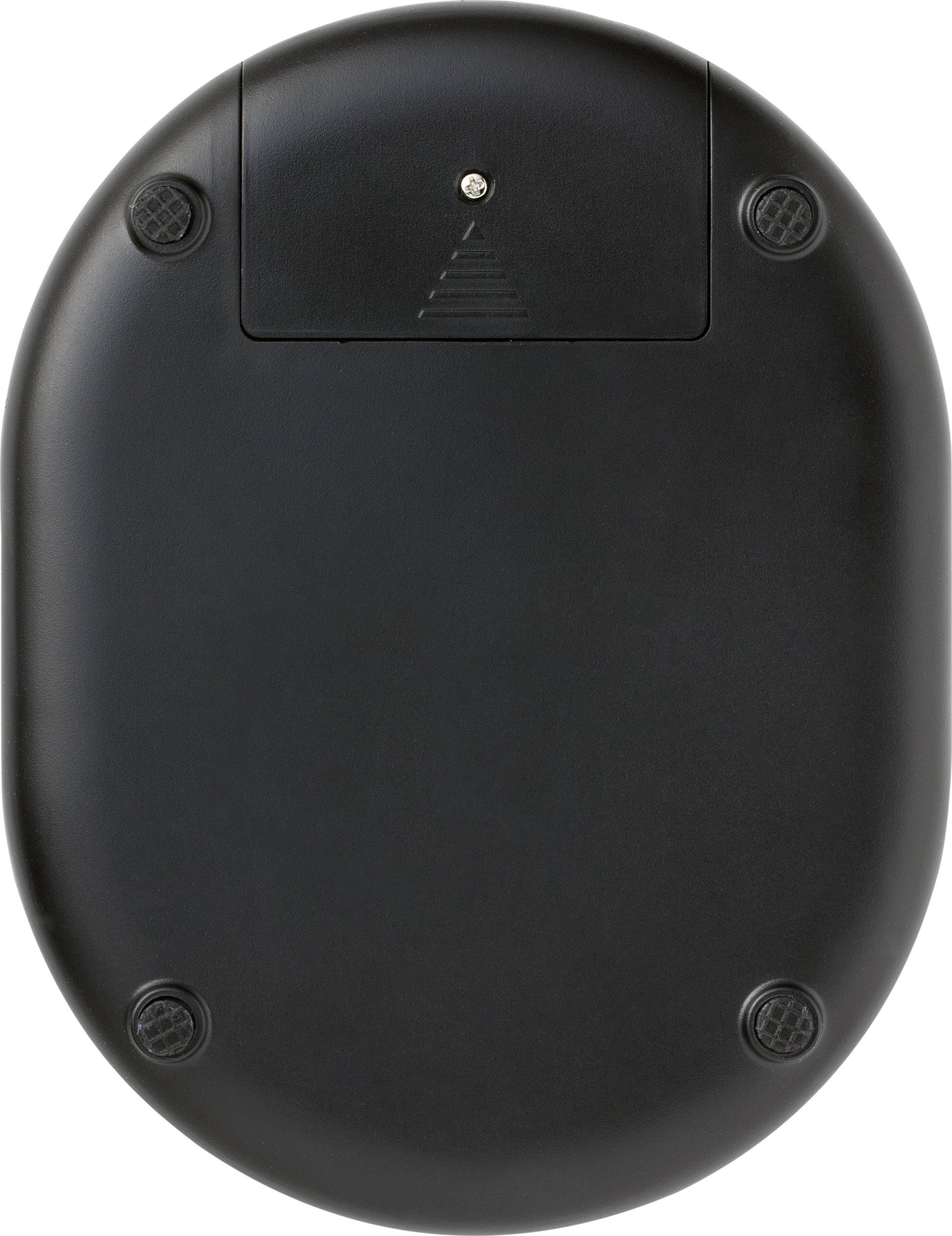 Arrière d'un appareil électronique noir oval, équipé d'un couvercle de compartiment à piles et de quatre pieds en caoutchouc situés aux coins.