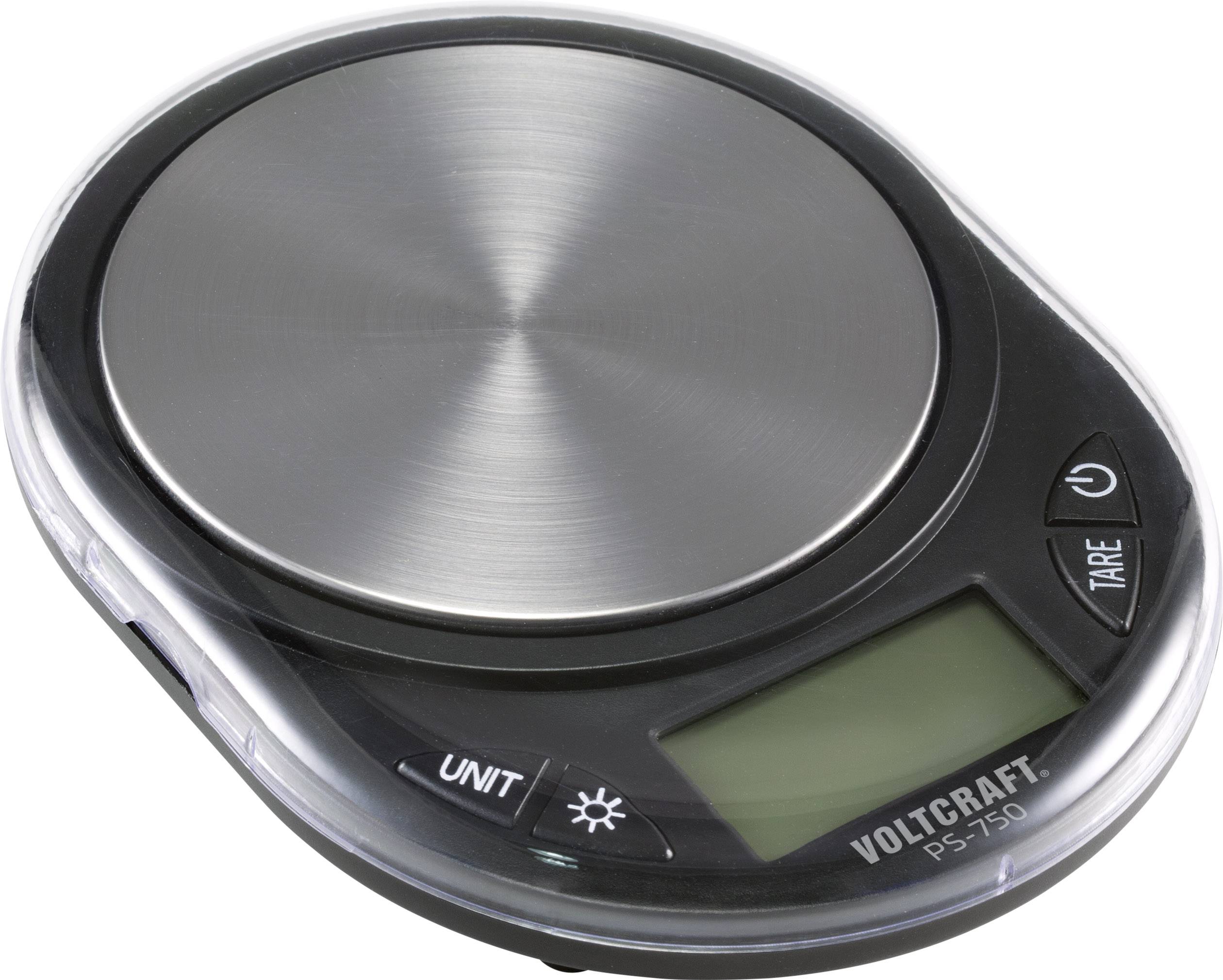 Balance de cuisine numérique avec plateau de pesée rond en acier inoxydable, affichage LCD et touches de commande pour la sélection des unités et l'activation de l'éclairage.