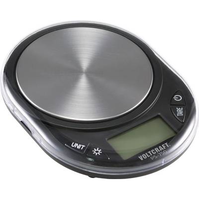 Balance de cuisine numérique avec plateau de pesée rond en acier inoxydable, affichage LCD et touches de commande pour la sélection des unités et l'activation de l'éclairage.