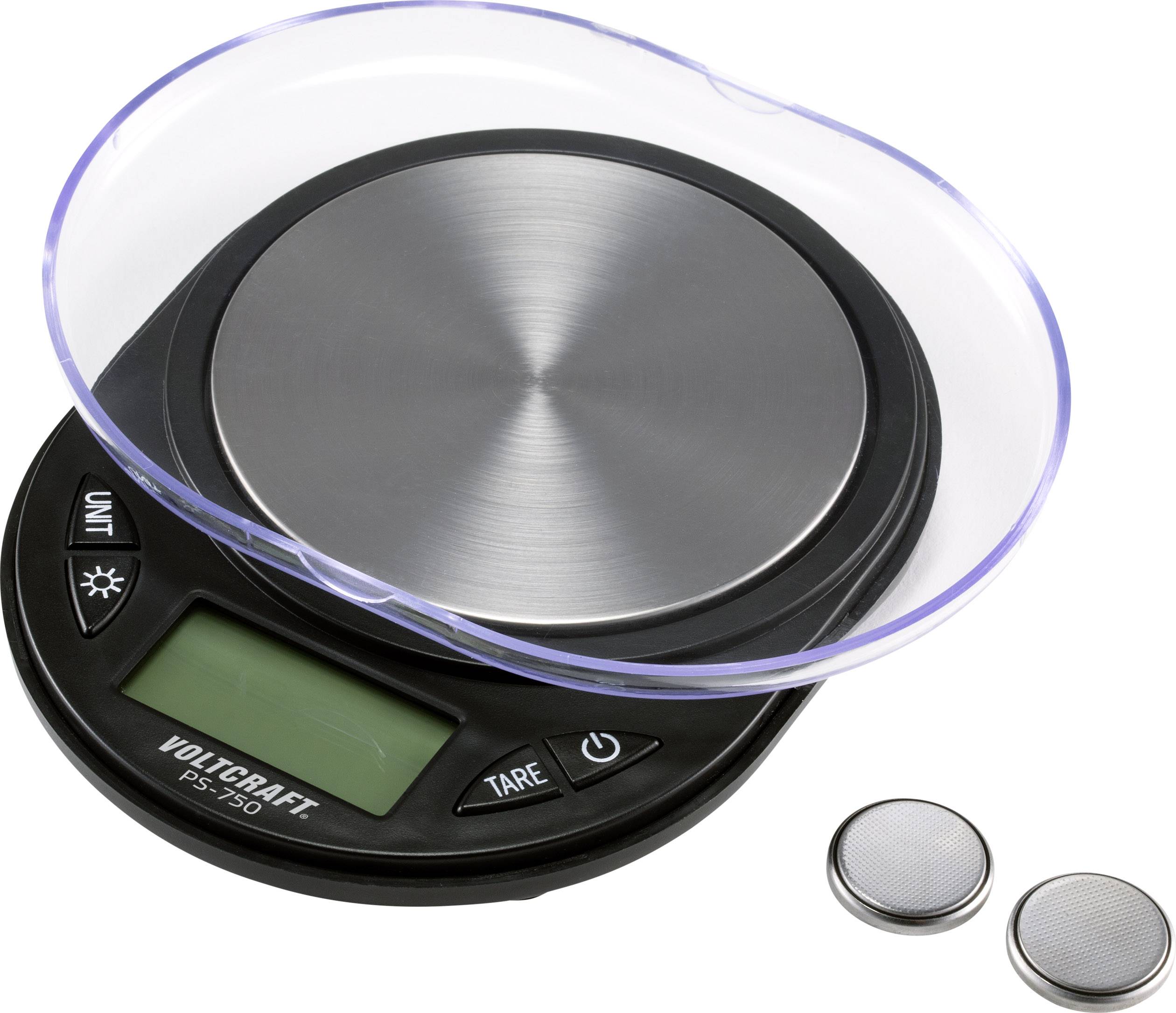 Balance de cuisine numérique avec grille ronde en acier inoxydable, affichage rétroéclairé et deux batteries amovibles à côté.