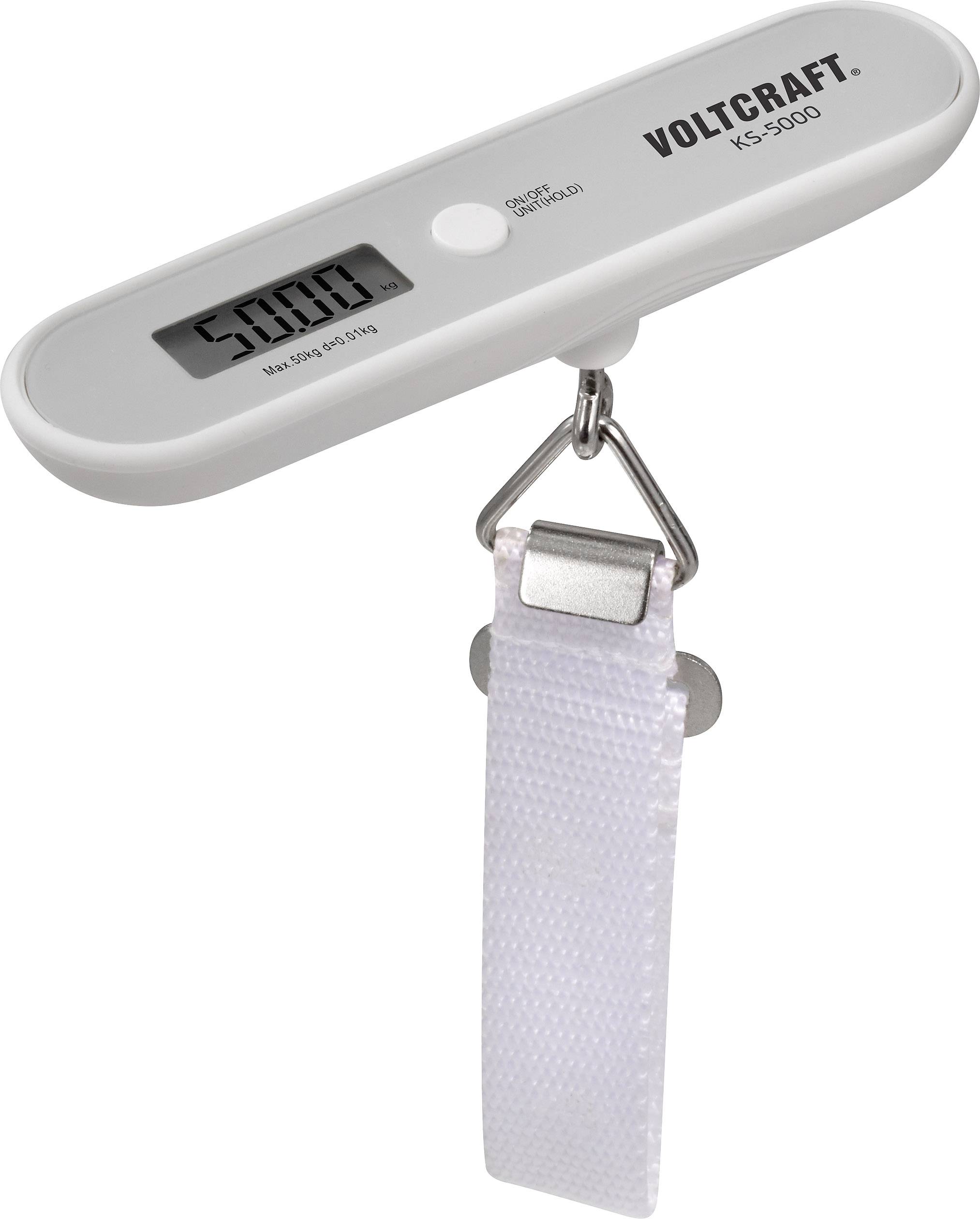 Balance numérique portable avec affichage LCD montrant '5,0 kg'. Convient pour peser les bagages ; capacité maximale de 50 kg.