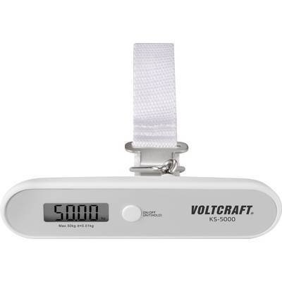 Un pèse-bagage numérique "VOLTCRAFT KS-5000" affiche 50,00 kg sur son écran. Il est équipé d'une sangle blanche pour la fixation.