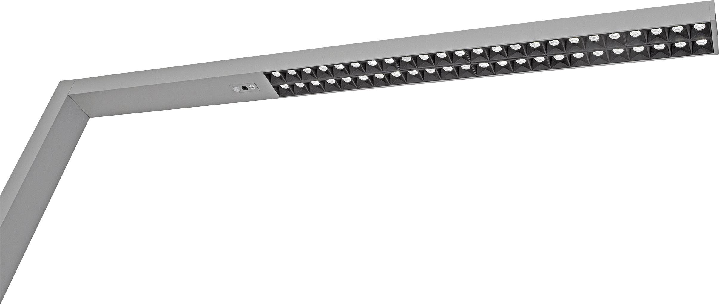 Un luminaire de plafond LED moderne, gris, rectangulaire, composé de plusieurs éléments lumineux, adapté à l'éclairage de bureau.