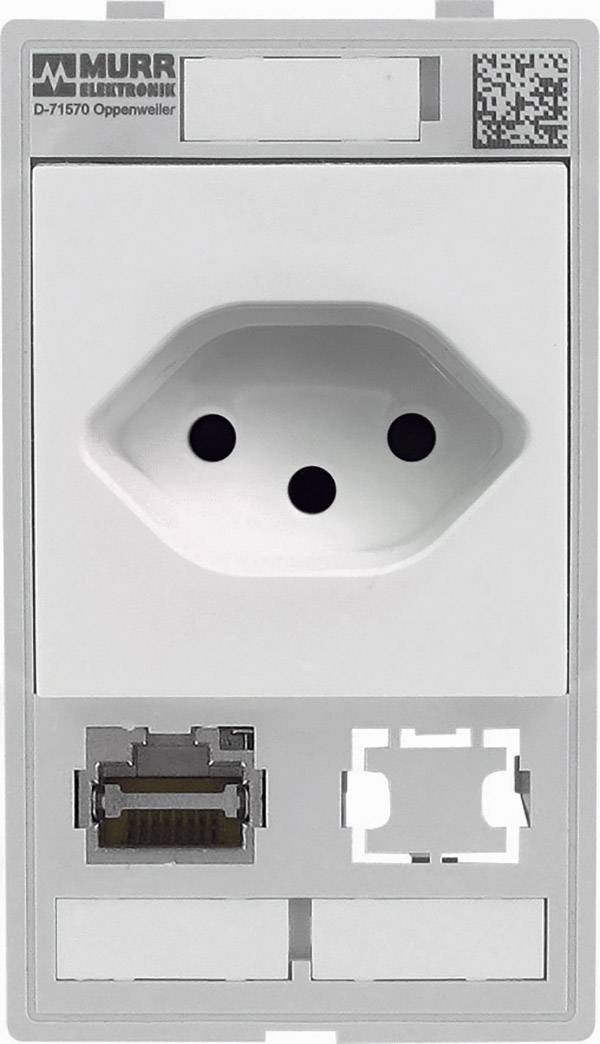 Module de prise avec connexion de type F européen, port RJ-45 et emplacement libre pour extension réseau ou électrique personnalisée.