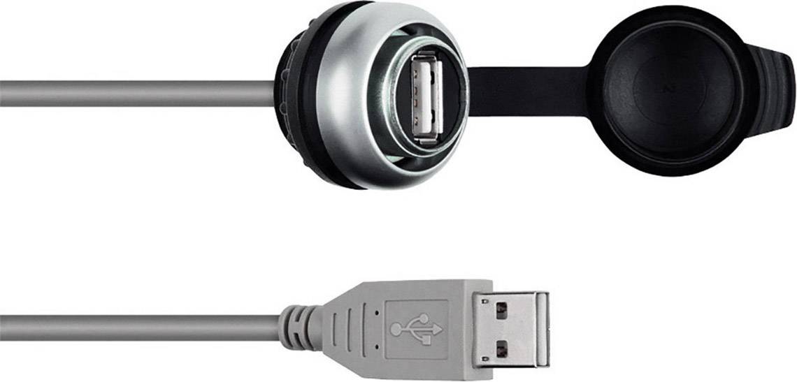 Câble de charge USB et adaptateur : En haut, un adaptateur rond avec couvercle ; en bas, une fiche USB avec un câble gris.