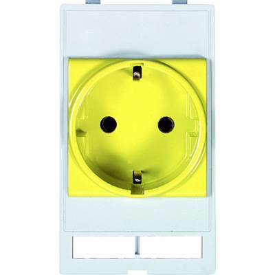 Prise de courant de sécurité jaune avec protection et cache rectangulaire, destinée à l'alimentation électrique dans des installations spécialisées.