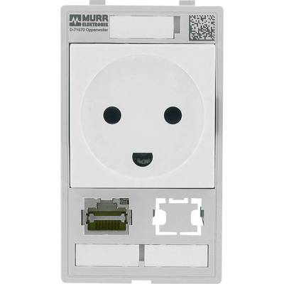 Une prise électrique de Murr avec une connexion Ethernet intégrée et un code QR en haut à droite.