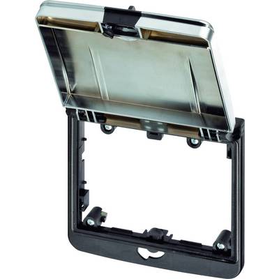 Couvercle de protection ouvert en plastique pour prises électriques, permettant l'accès aux connexions électriques. Idéal pour une utilisation en intérieur.