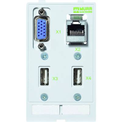 Dos d'un appareil électronique avec des connexions : en haut à gauche un port VGA, en haut à droite un port Ethernet, en bas deux ports USB.
