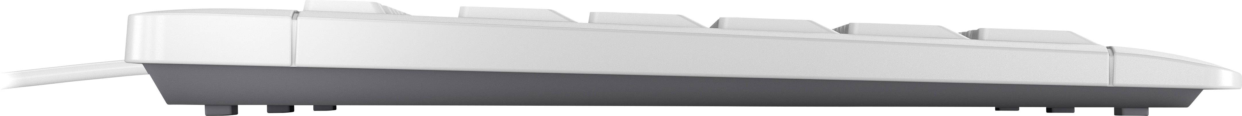 Vue latérale d'un clavier d'ordinateur blanc avec des touches surélevées.