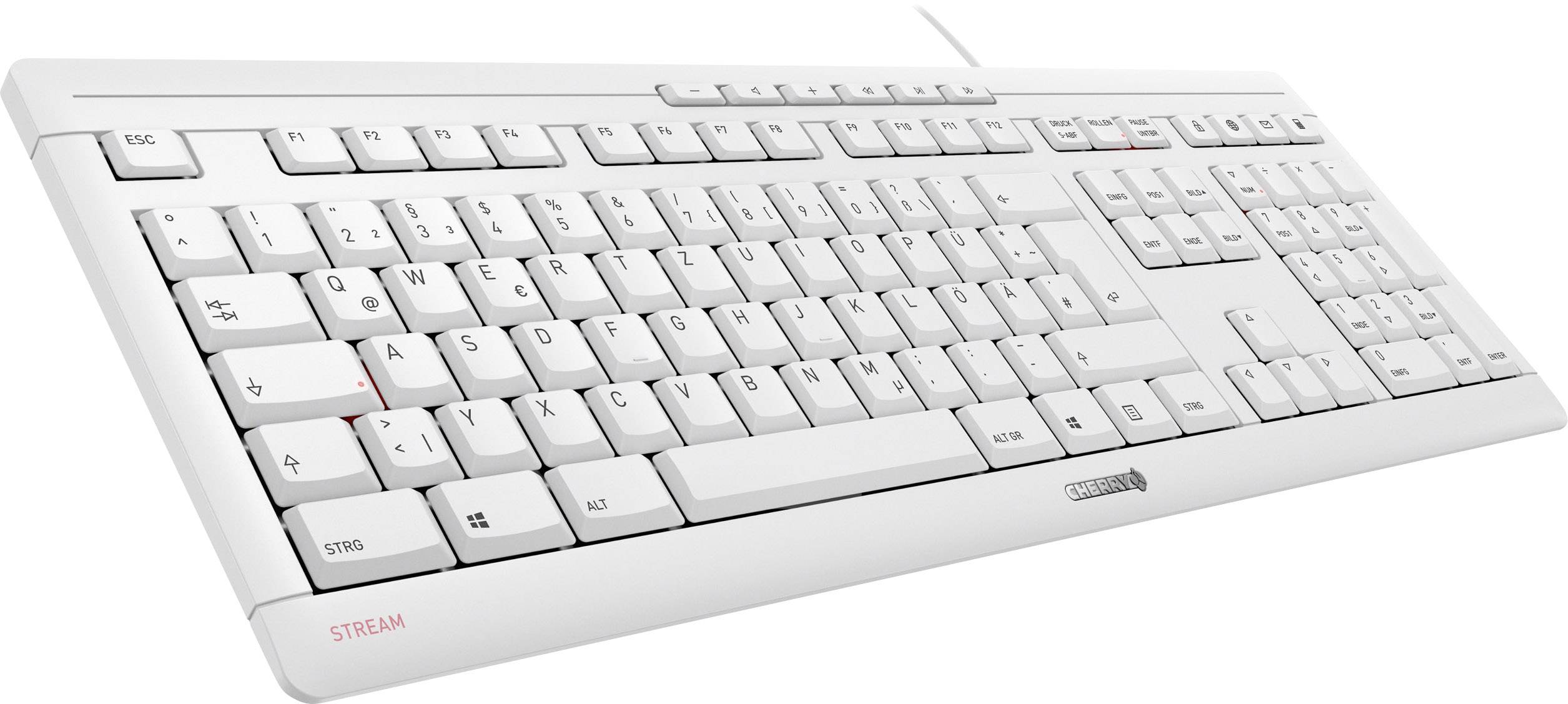 Clavier d'ordinateur blanc avec une disposition standard des touches. Comprend des touches de fonction, un pavé numérique et des touches multimédia supplémentaires en haut.
