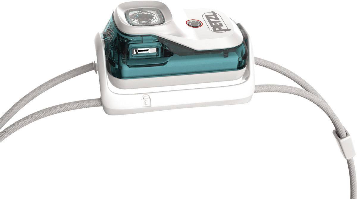 Lampe frontale avec bandeau gris. La partie supérieure est turquoise et transparente avec un bouton rouge. Marque 'Petzl' visible.