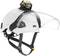 Casque de protection avec visière et lampe frontale ; idéal pour les environnements de travail nécessitant un éclairage et une protection oculaire.