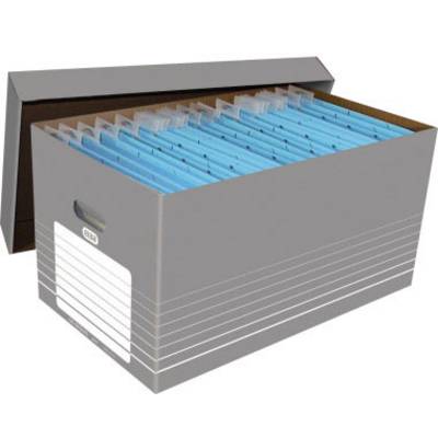 Une boîte d'archives grise avec un couvercle ouvert, remplie de chemises suspendues bleues utilisées pour le classement et l'organisation de documents.
