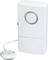 Détecteur d'eau blanc avec un capteur circulaire qui réagit au contact de l'eau. L'appareil principal dispose d'un indicateur d'alarme rond.