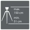 Graphique d'un trépied avec indications de hauteur : hauteur maximale 150 cm, hauteur minimale 51 cm.