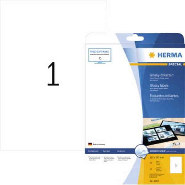 Herma 4909 Etiquette universelles 210 x 297 mm papier, brillant blanc 25 pc(s) fixation permanente  imprimante laser, photocopieuse, imprimante laser couleur, photocopieuse couleur