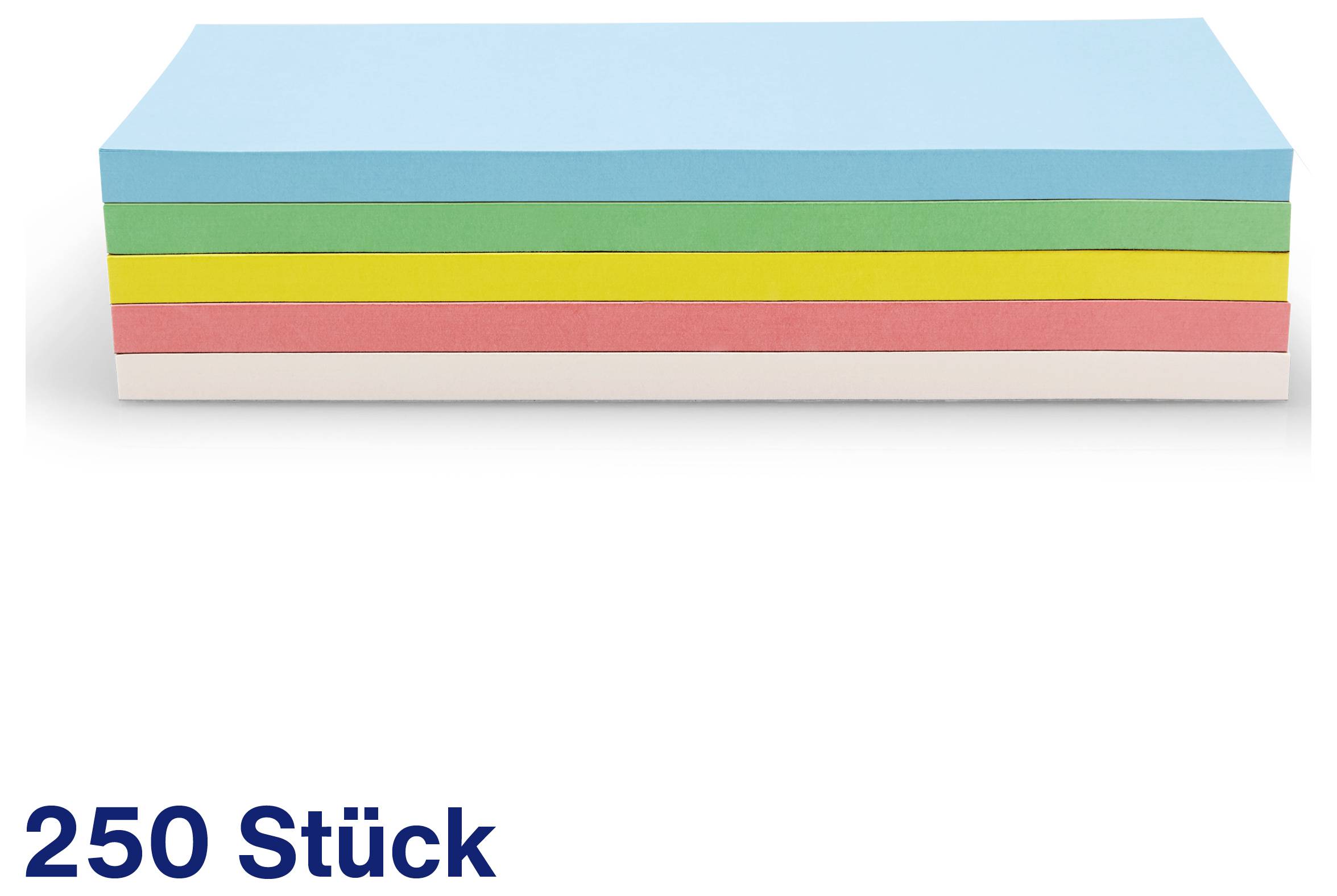 Une pile de 250 notes autocollantes de différentes couleurs : bleu, vert, jaune, orange et rose.