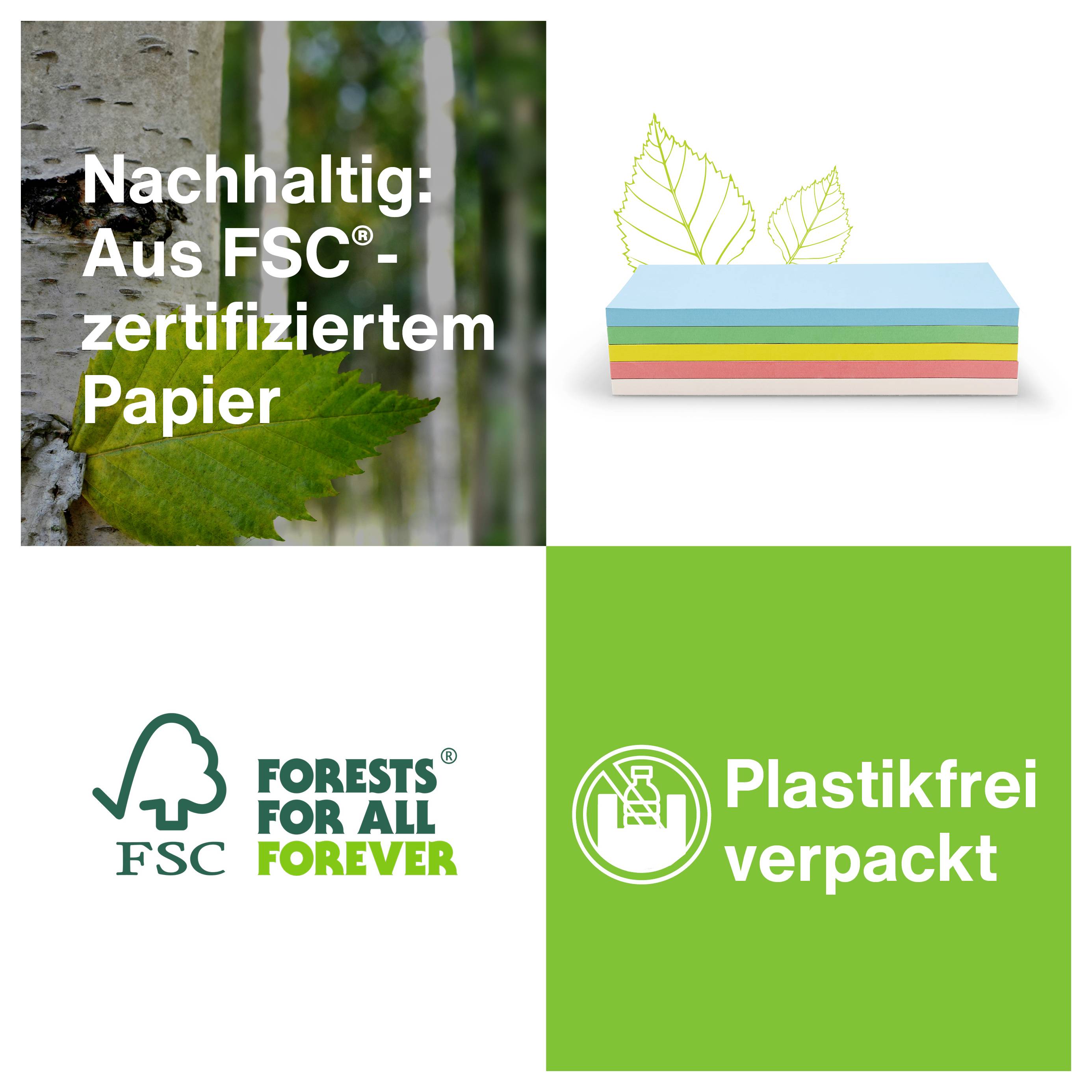 Durable : Réalisé sur du papier certifié FSC®.' Pile de papiers de différentes couleurs. 'Emballage sans plastique.' Logo FSC et 'Forêts pour tous, pour toujours'.