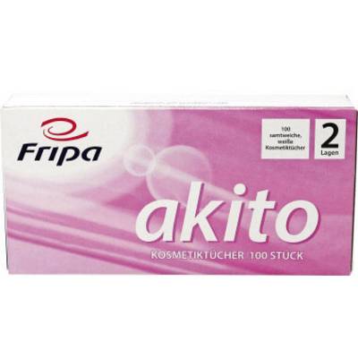 Un paquet de mouchoirs cosmétiques 'Fripa akito', 100 pièces, 2 épaisseurs, dans un emballage rose avec inscription en blanc et noir.
