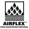 Logo avec une goutte d'eau au-dessus de vagues. Texte : 'AIRFLEX™ Matériau hautement absorbant'.