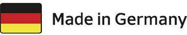 Drapeau allemand à gauche ; à côté le texte « Made in Germany ».