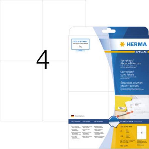 Herma 4229 Etiquette de correction 105 x 148 mm papier, mat blanc 100 pc(s) fixation permanente  imprimante laser, photocopieuse, imprimante laser couleur, photocopieuse couleur
