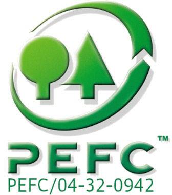 Logo 'PEFC' : Représente un symbole stylisé d'arbre et de sapin dans un cercle vert, avec les chiffres 'PEFC/04-32-0942' en dessous.