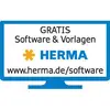 Un écran d'ordinateur affiche le texte : 'LOGICIEL GRATUIT & Modèles * HERMA www.herma.de/software'.