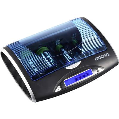Chargeur de Voltcraft avec un couvercle bleu, montrant plusieurs batteries à l'intérieur. Affichage numérique à l'avant pour l'état de charge.