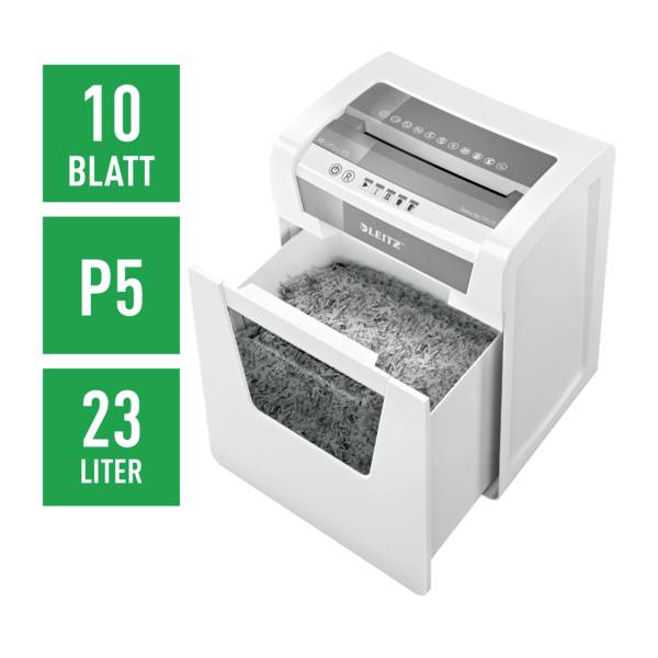 Destructeur de documents Leitz, modèle pour 10 feuilles, niveau de sécurité P5, avec un réservoir de 23 litres, visible en position ouverte.