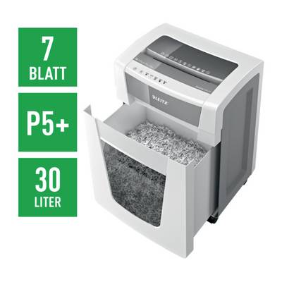 Un destructeur de documents blanc avec son bac de récupération sorti, à côté des symboles : '7 feuilles', 'P5+', '30 litres'.