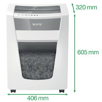 Un destructeur de documents blanc avec un panneau de commande gris, la marque visible. Dimensions : hauteur 605 mm, largeur 406 mm, profondeur 320 mm. Contient du papier déchiqueté.