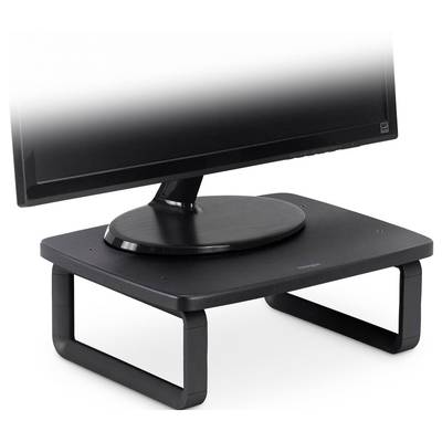 Un moniteur d'ordinateur sur un support noir. Le support surélevé permet d'améliorer l'ergonomie du poste de travail.