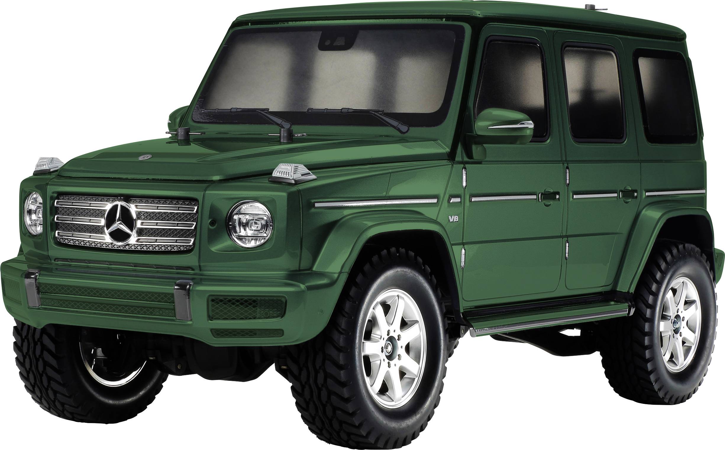 Un SUV vert à quatre portes, au design robuste et aux grandes roues, représenté en gros plan sur un fond blanc.