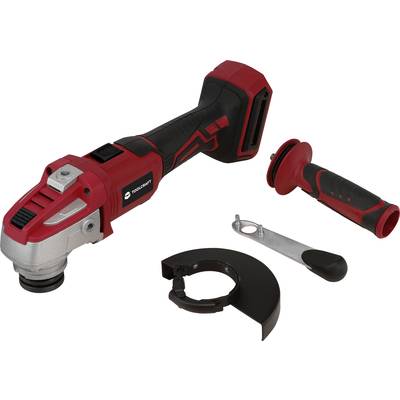 Meuleuse d'angle sans fil rouge et noire avec poignée amovible, capot de protection et clé de serrage, adaptée aux travaux de bricolage.