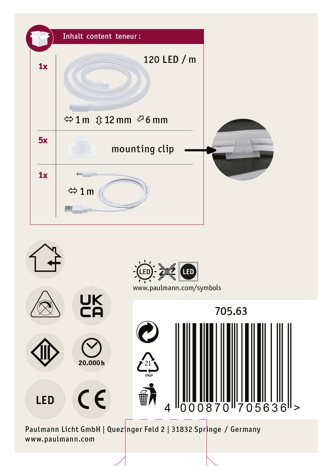 Kit de bande LED : 120 LED/m, 1x Bande (1m), 5x Clips de montage, 1x Câble d'alimentation (1m). Logos de marque et code-barres ci-dessous.