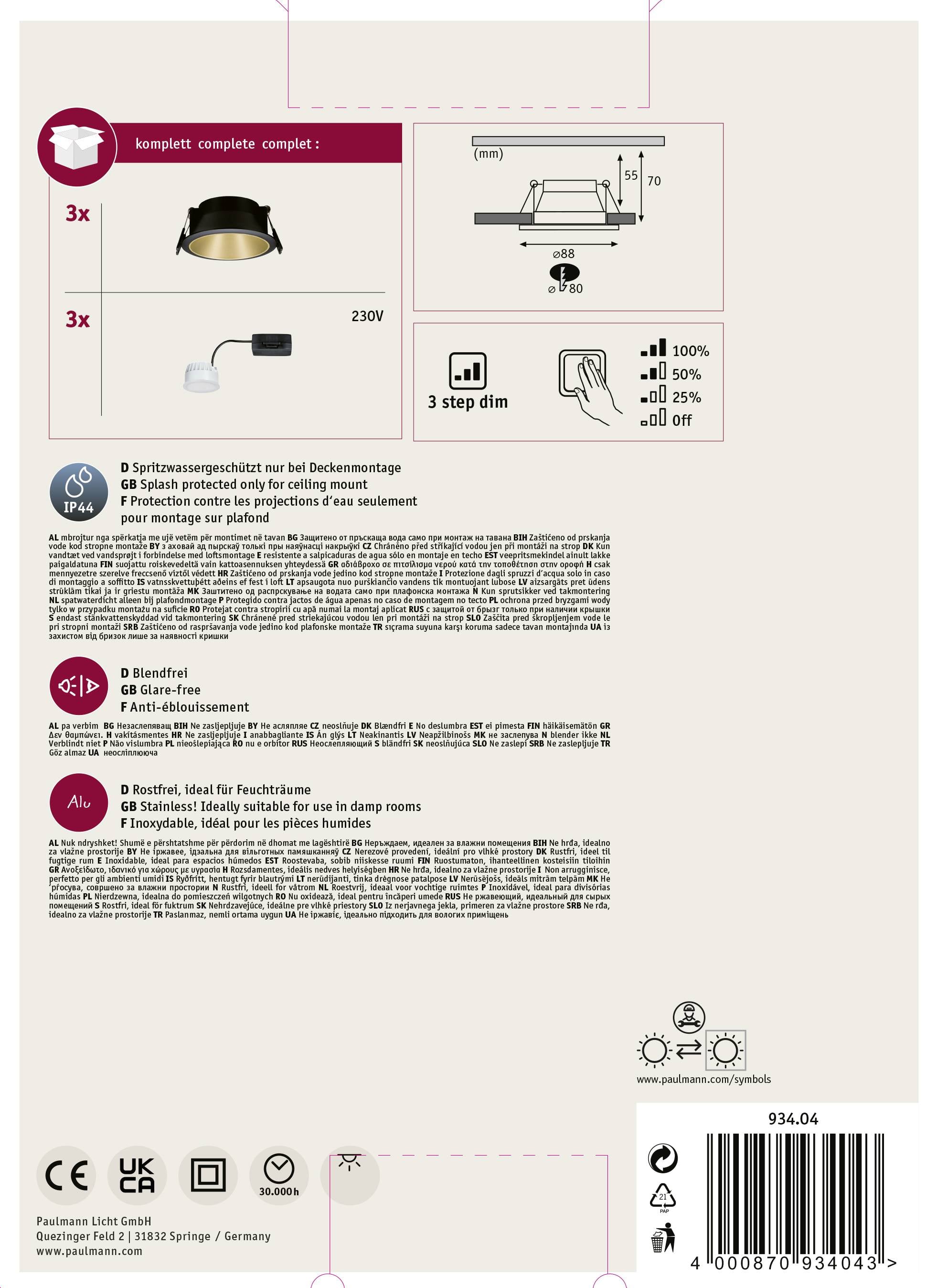 Emballage d'un luminaire plafonnier avec douille E27. Contient des instructions de sécurité et d'installation ainsi que des informations sur la consommation énergétique.