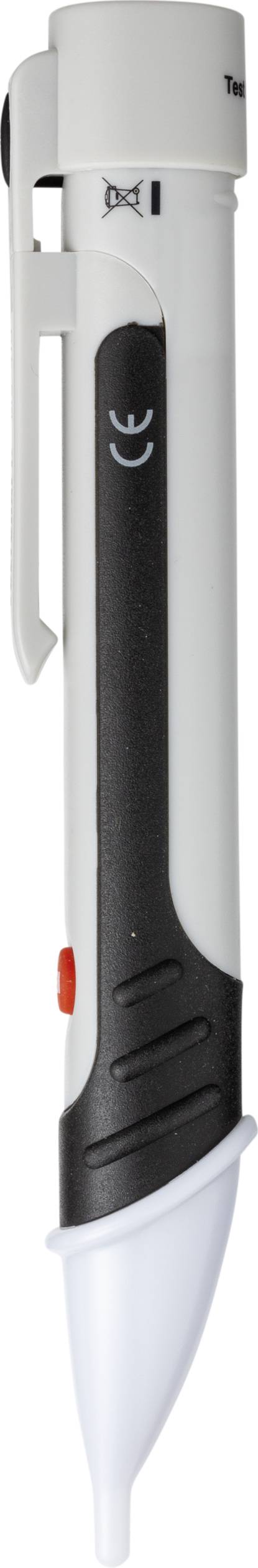 Un stylo électronique blanc et noir avec un clip et un indicateur LED, conçu comme un aide à la présentation.