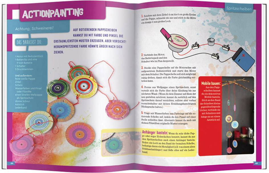 Guide de peinture action dans un livre pour enfants. Montre des cercles de couleurs en rotation et contient des instructions détaillées étape par étape pour la réalisation.