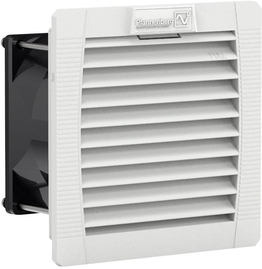 Un ventilateur rectangulaire à ailettes horizontales, principalement blanc. Logo de marque 'Pfannenberg' en haut à droite du capot.