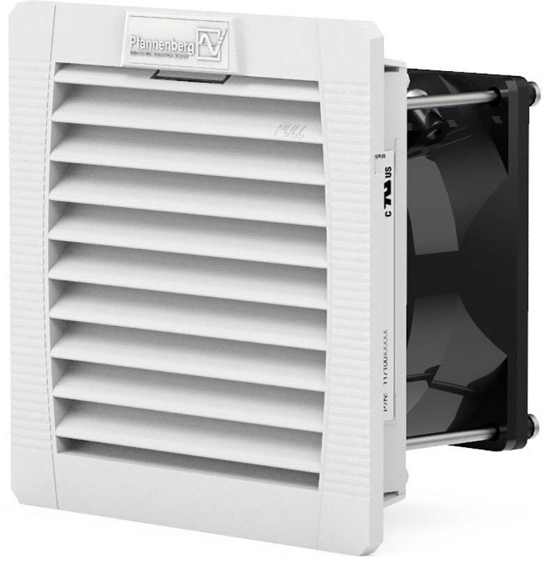 Une unité de ventilation blanche avec des ailettes, destinée à la ventilation des armoires électriques. Une partie d'un ventilateur est visible.