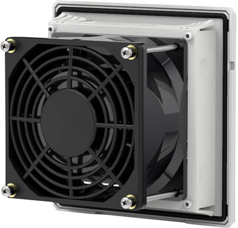 Un ventilateur de refroidissement noir, monté sur un cadre rectangulaire gris, fixé avec quatre vis aux angles.