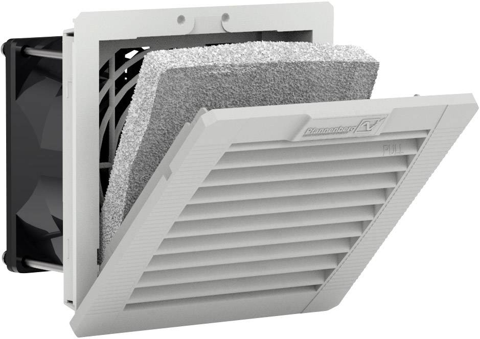 L'image montre un module de ventilation ouvert avec un filtre et un ventilateur visibles à l'intérieur. Utilisable pour la ventilation de boîtiers.