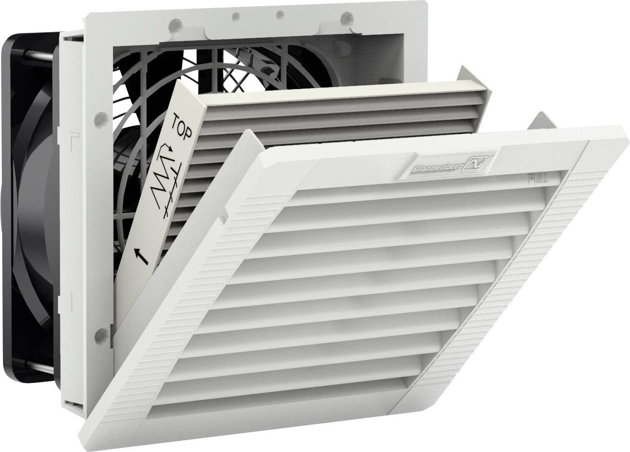 Une grille de ventilation blanche avec l'insert de filtre ouvert montre le ventilateur à l'intérieur.